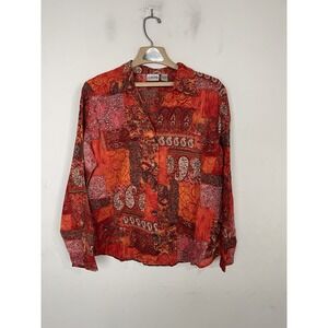 Chicos Womens Shirt Size 2 Large Red Patchwork Paisley Button Up Fall Autumn